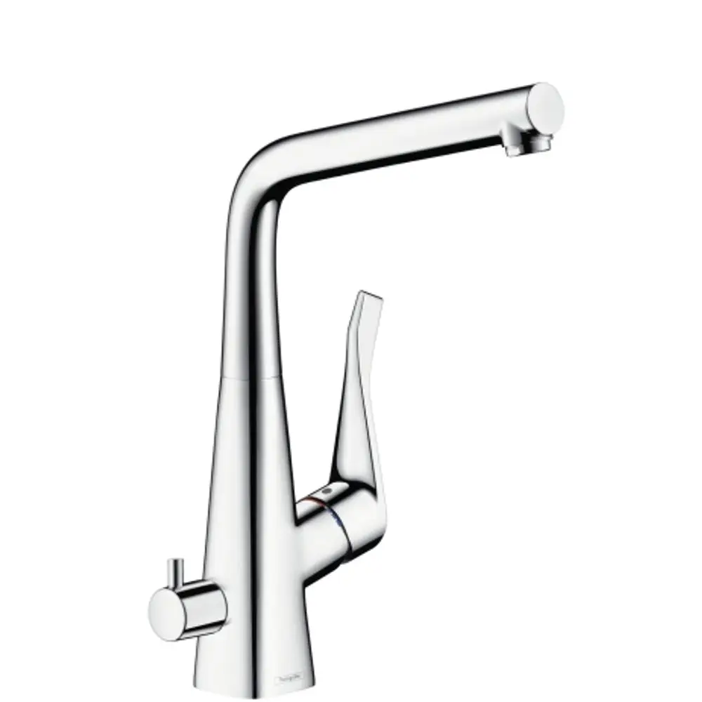 Hochglänzender Spültischmischer mit einem langen, schwenkbaren Auslauf und einem Hebel zur Temperaturregelung. Eigenschaften von Hansgrohe sind erkennbar.